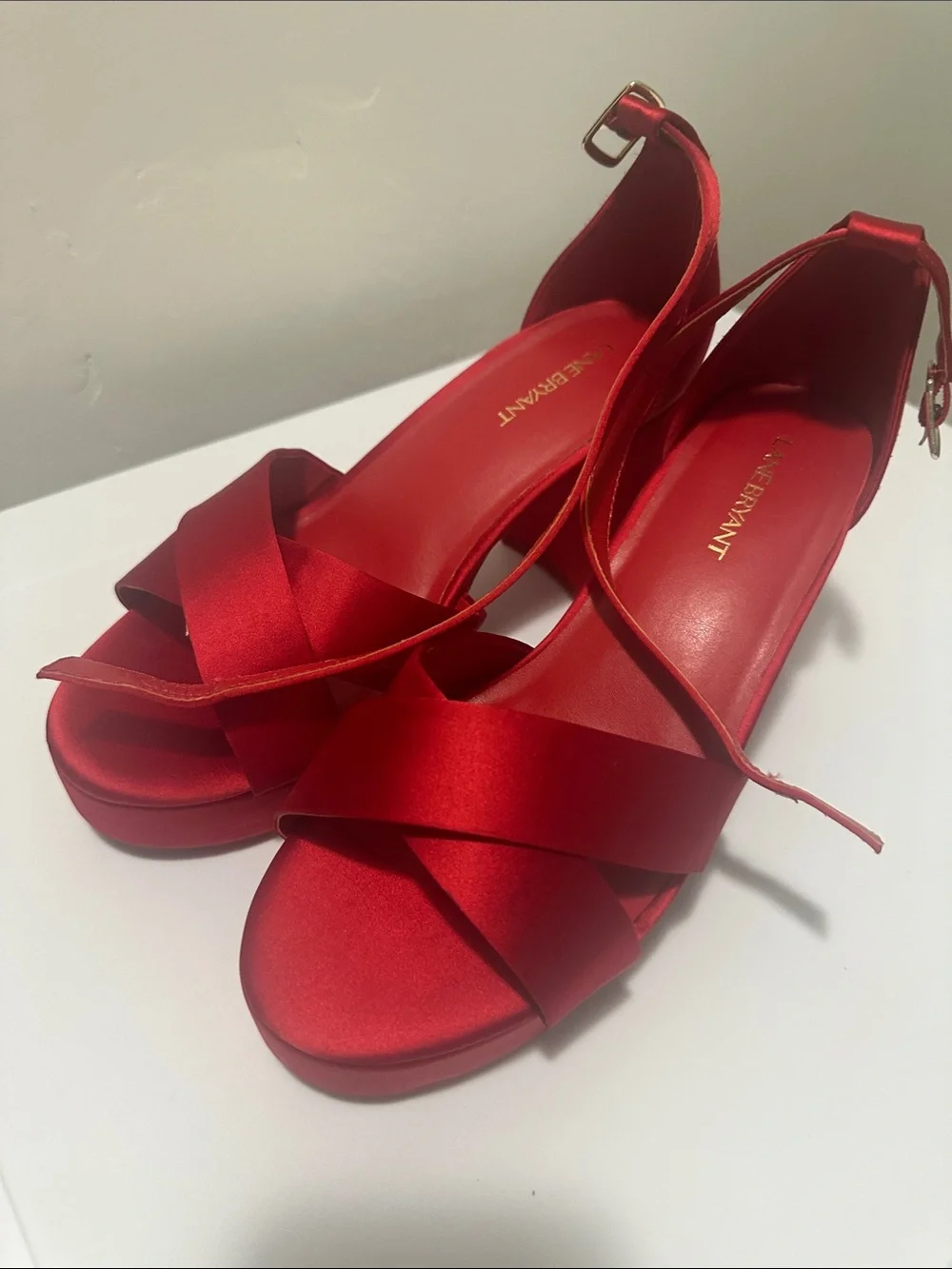 Red Satin Cross-Strap Women's Heels